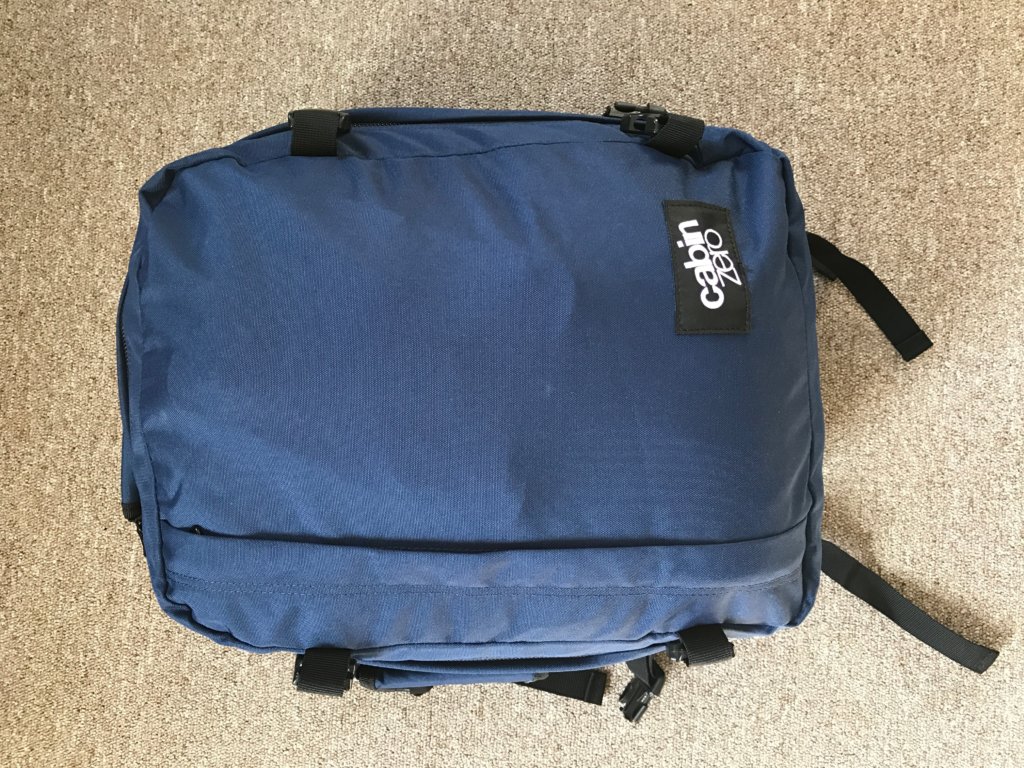 Blue version of a backpack to avoid luggage fees