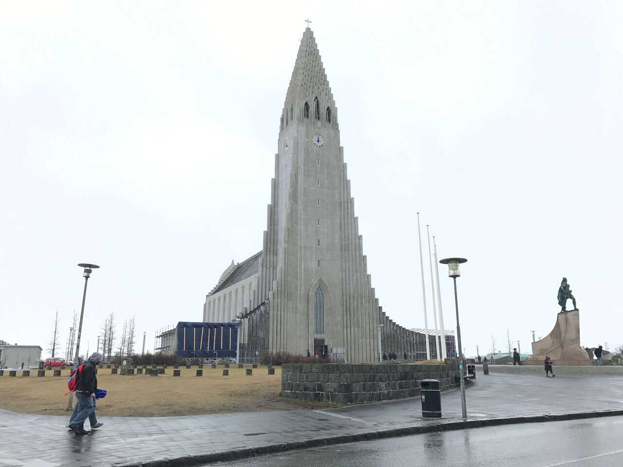Tall, pointed Hallgrímskirkja church tower standing prominently in Reykjavik, Iceland.
