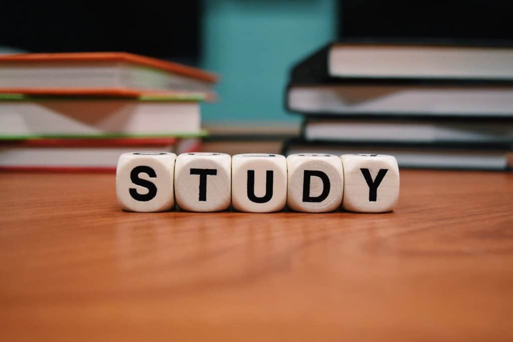 Small white dice spelling the word "study"