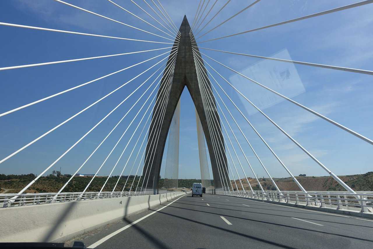 Mohammed VI Bridge in Morocco Driving across the architectural Mohammed VI Bridge with cables converging overhead.