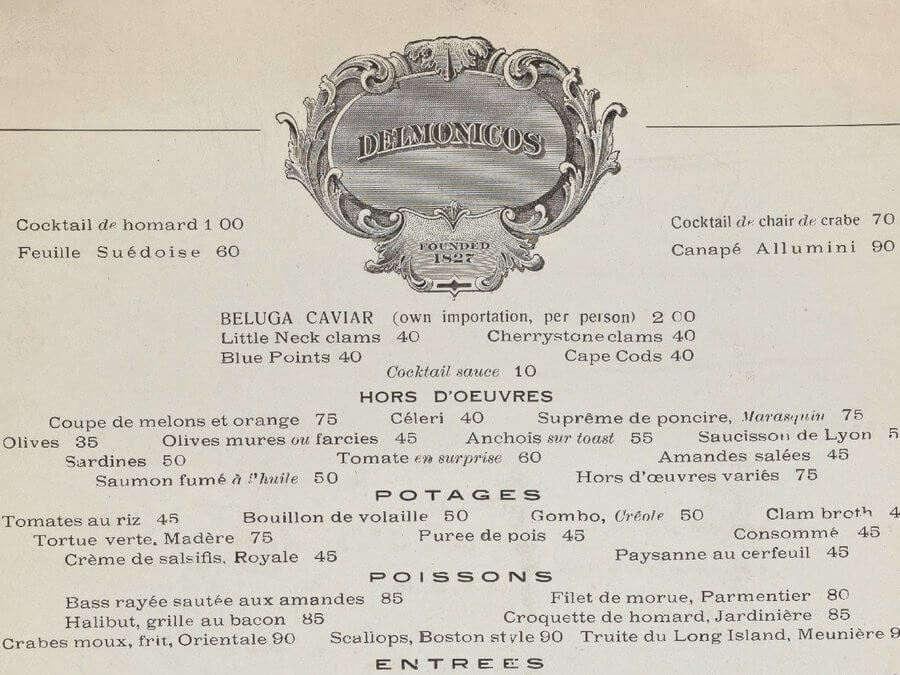 One of the original menus from Delmonico's, mostly written in French