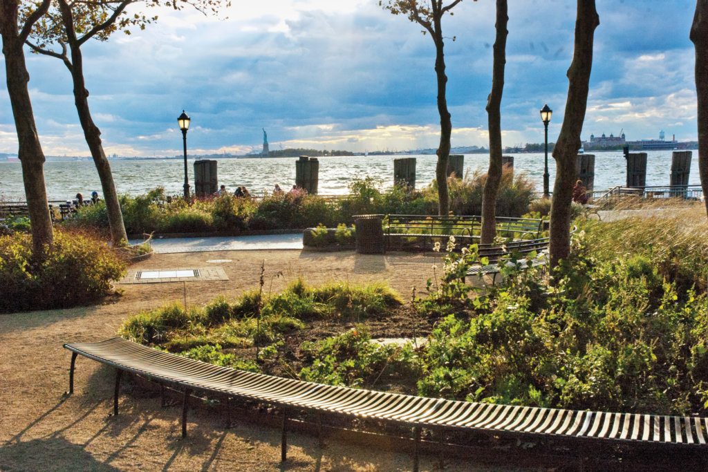 View of Brooklyn and park benches at Battery Park 
