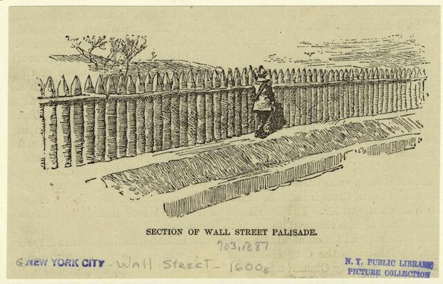 A hand drawn image of the Wall that was on Wall street in the 1600's