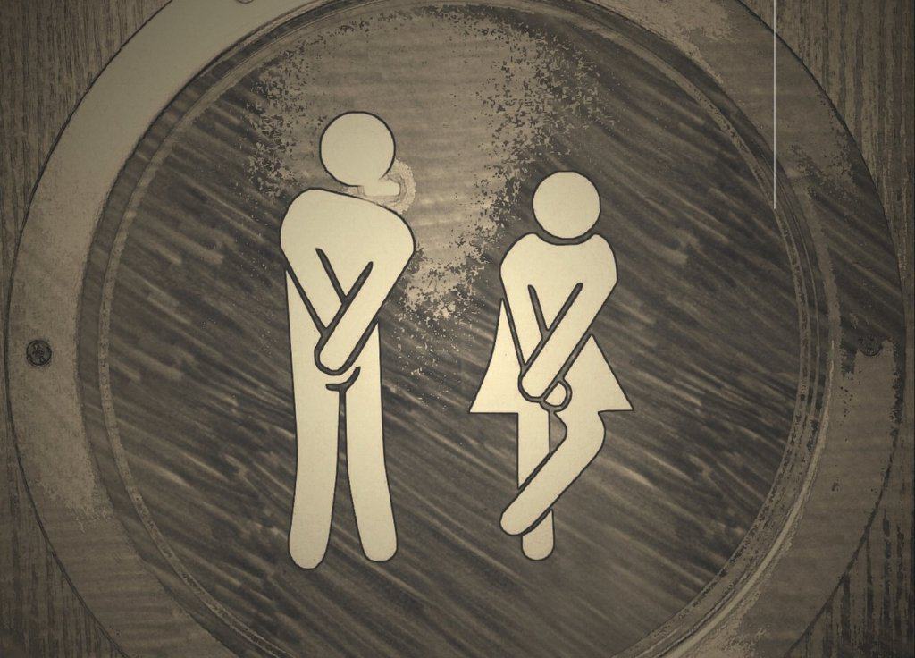 Two cartoons needing to use the bathroom