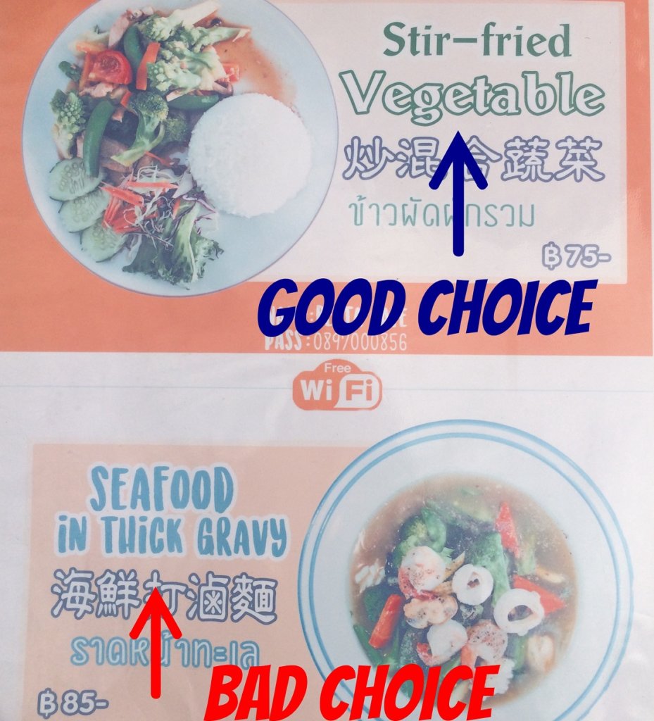 A menu showing stir fry vegetables and thick gravy showing you how to lose weight eating thai food