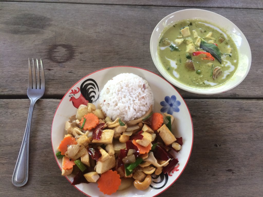 Plate of tofu, veggies and bowl of curry