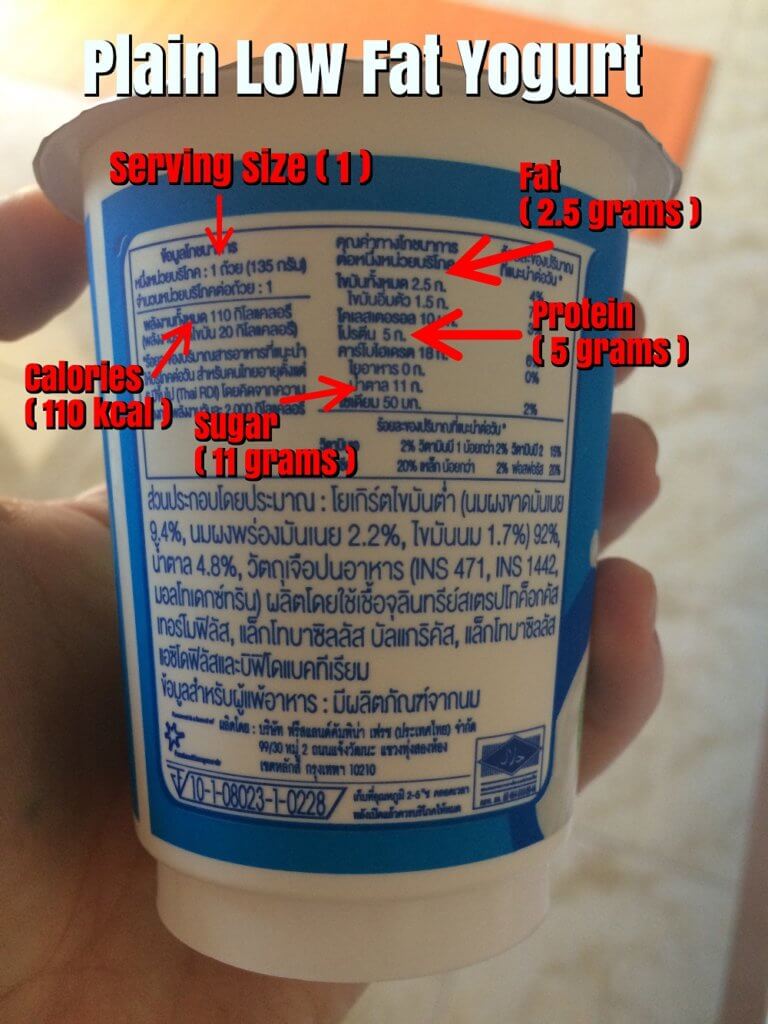 nutrition label in Thailand for yogurt 