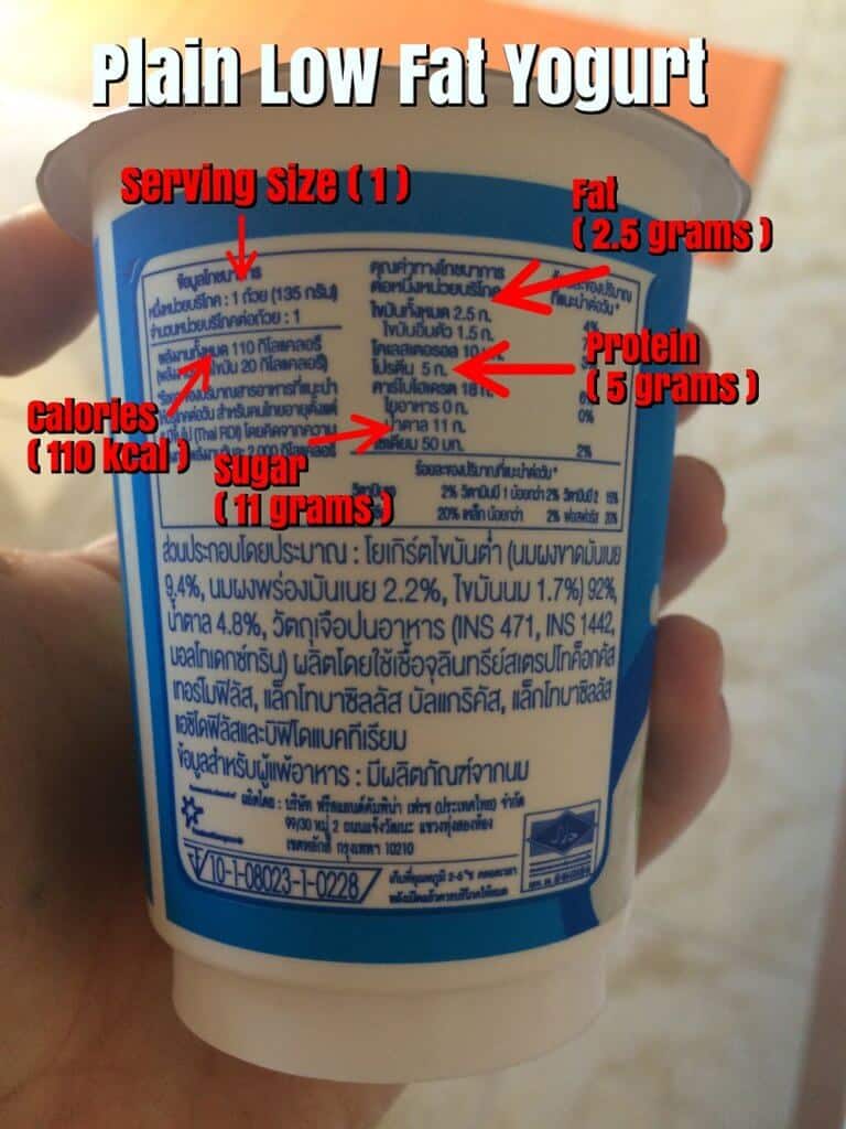 nutrition label in Thailand for yogurt 