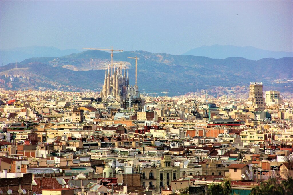 City landscape of Barcelona with Sagrada Familia the background 