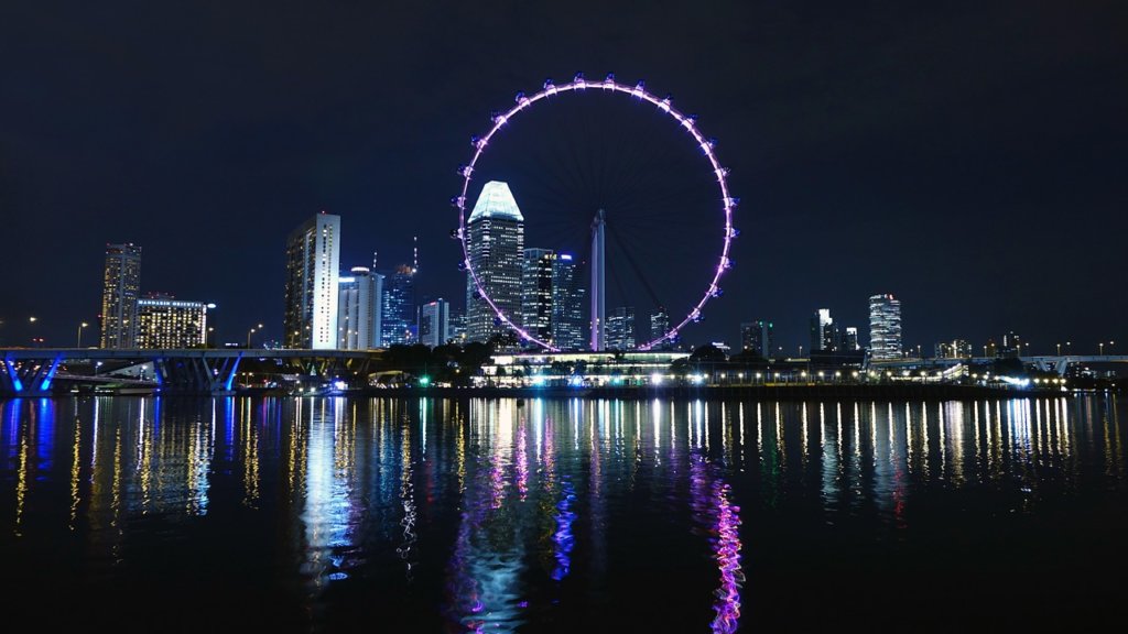 A purple ferris wheel lit up at night n Singapore 