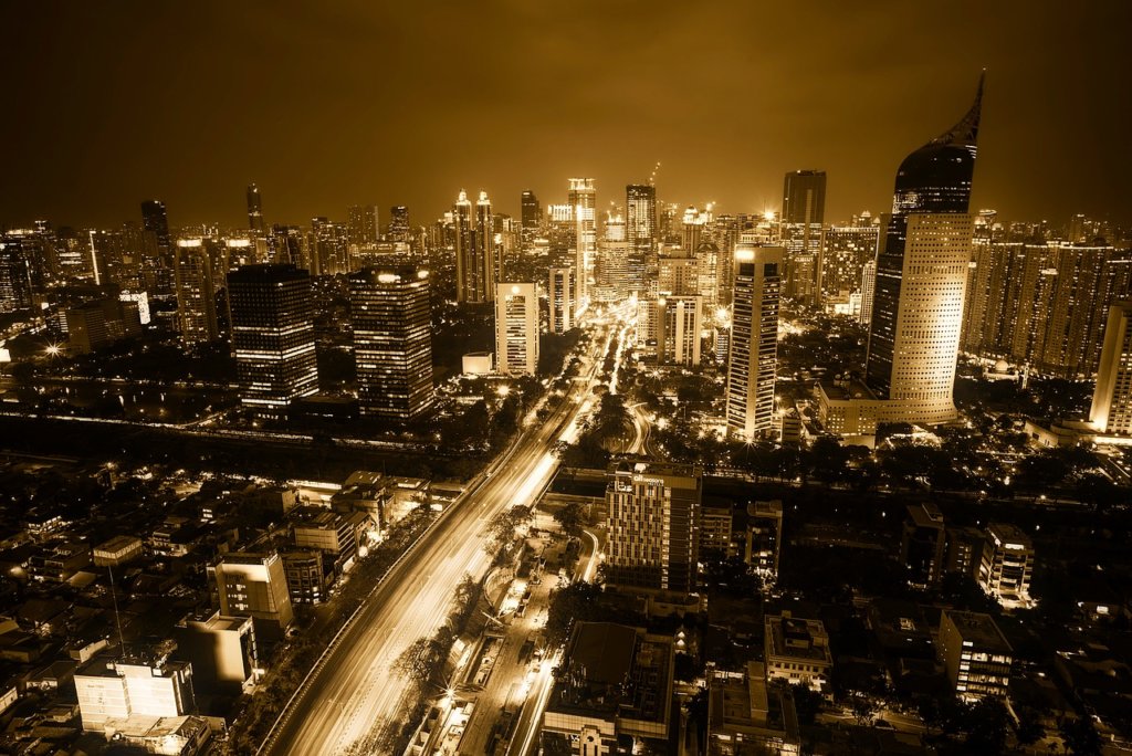 A city landscape at night in Indonesia 