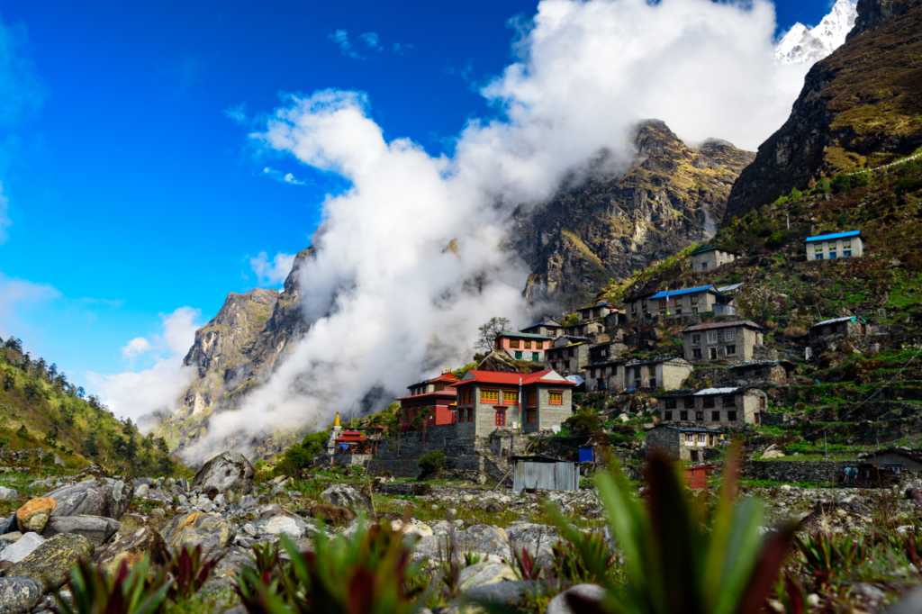 Himalayan Mountain Terrain and colorful buildings
