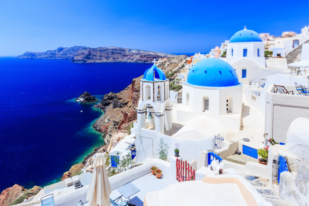 White and blue buildings in Greece as one of the top 10 yoga destinations
