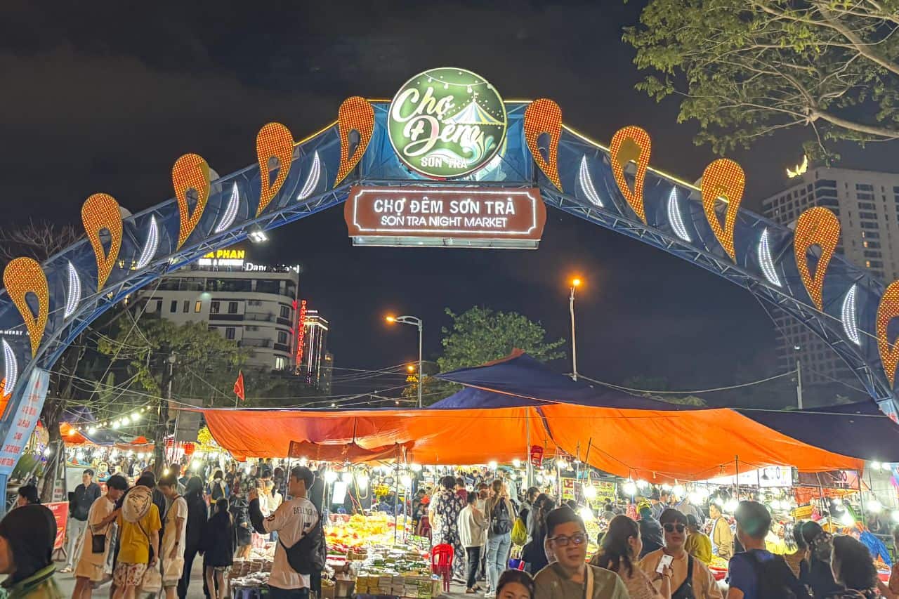 Entrance to Son Tra Night Market in Da Nang Colorful archway lit up at night marking the entrance to Son Tra Night Market near the Da Nang bridge area