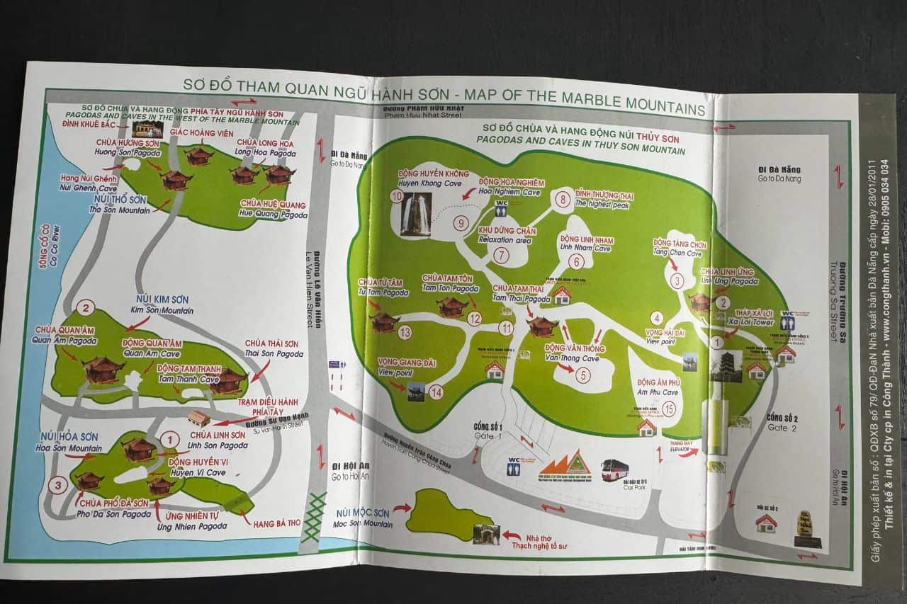 Map of Marble Mountains Vietnam Pagodas and Caves Paper map showing pagodas, caves, and hiking paths at Marble Mountains Vietnam