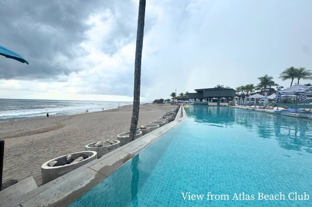 Scenic view from Atlas Beach Club with pool and ocean at beach in Canggu Bali