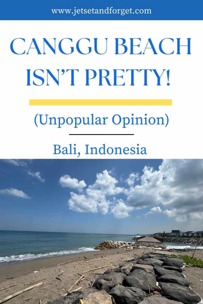 Unfiltered view of Canggu Beach in Bali with rocky shoreline and debris, highlighting an unpopular travel opinion.