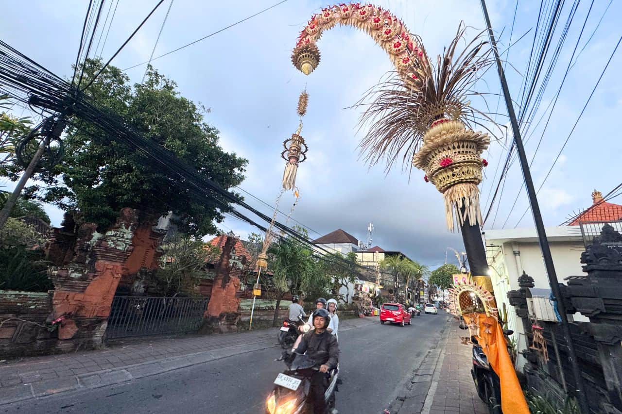 Traditional Penjor Decorations Lining a Street in Canggu, Bali Street in Canggu Bali decorated with tall Penjor bamboo poles during a local ceremony.