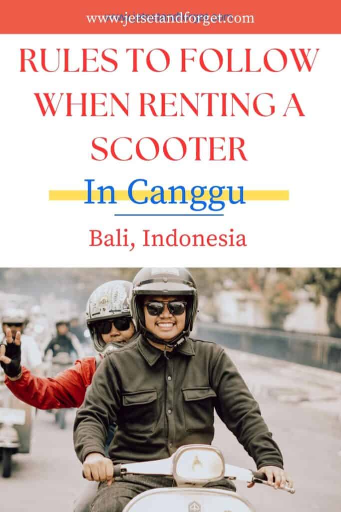 Two riders on a scooter in Bali wearing helmets, illustrating important scooter rental safety tips in Canggu.