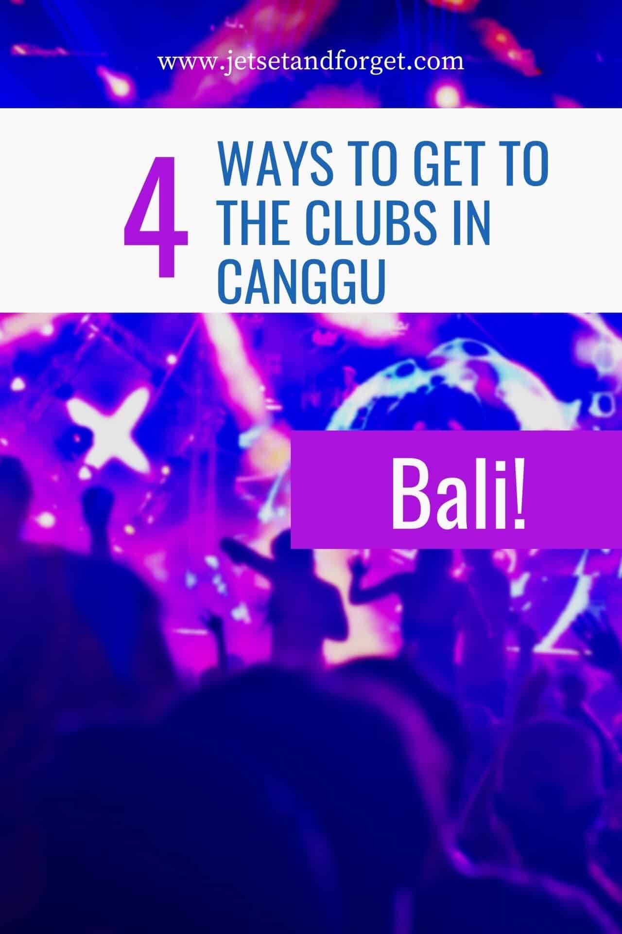 https://www.jetsetandforget.com/attractions-in-canggu/ Party scene with lights and dancing crowd in Canggu, Bali, promoting nightlife transportation tips.