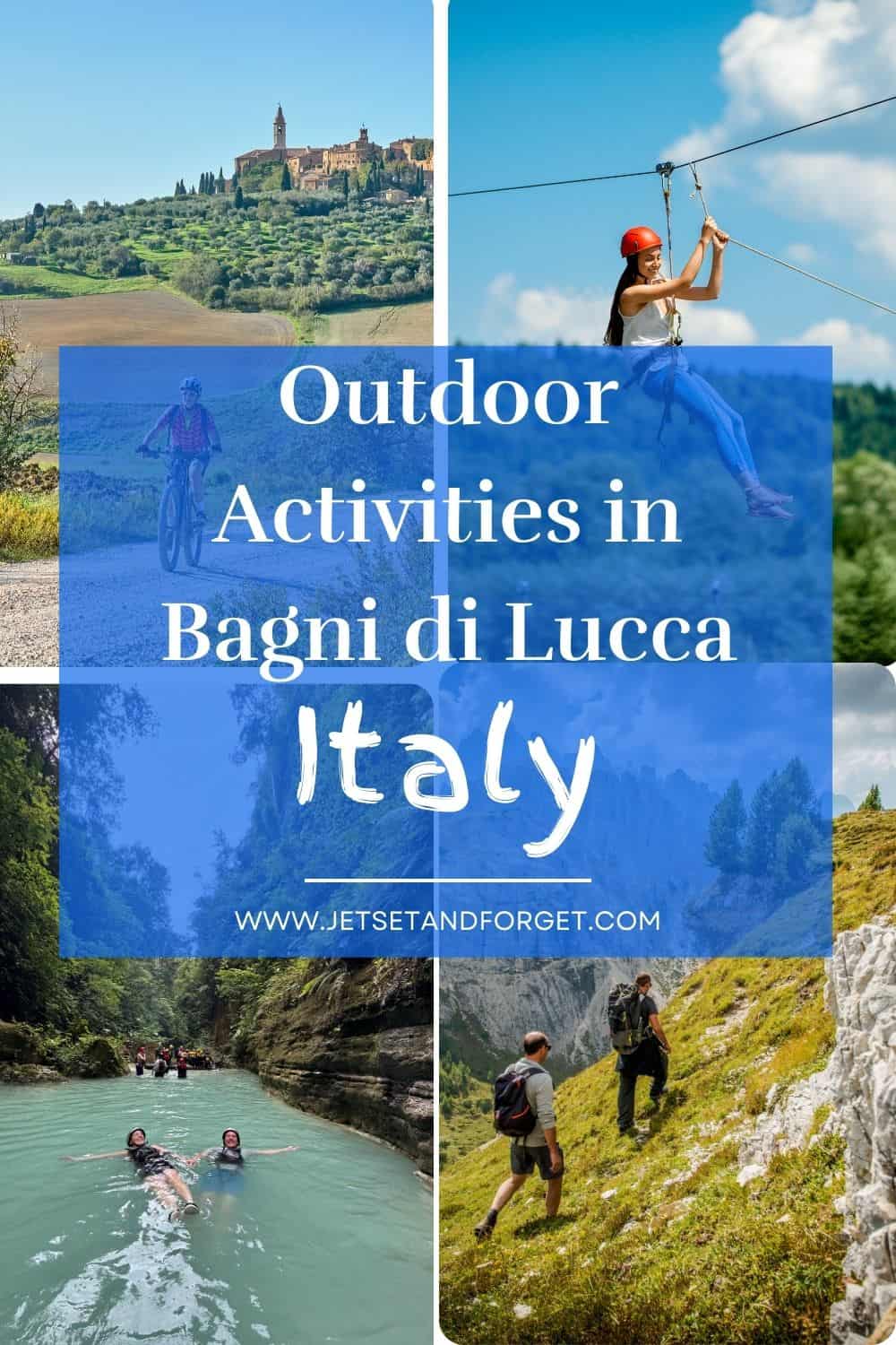 Collage of Bagni di Lucca outdoor activities including hiking, water sports, and scenic views