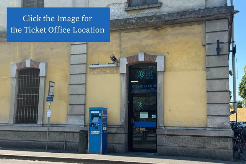 AT bus ticket office building with self-service kiosk outside Lucca train station