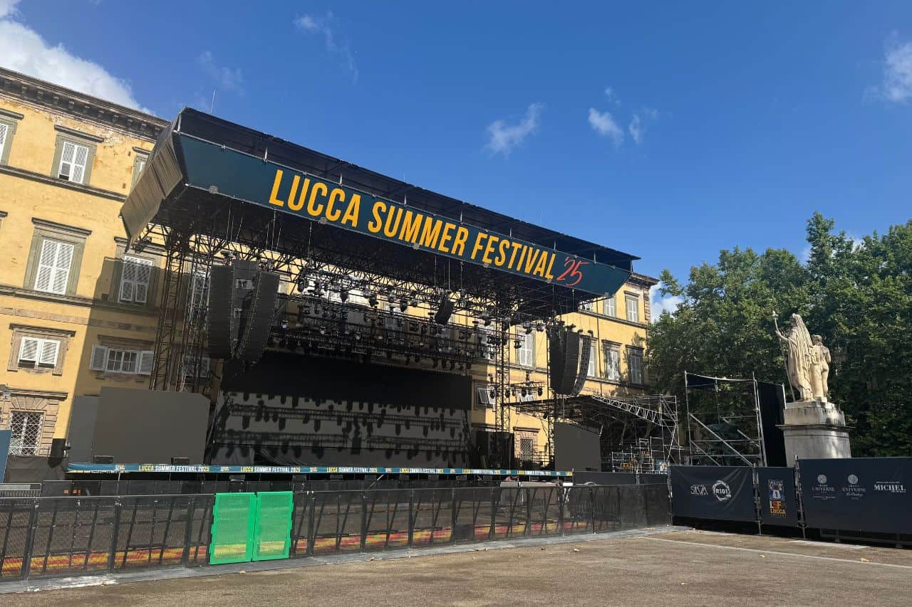 Large outdoor stage in Lucca’s city center prepared for the annual Lucca Summer Festival music event