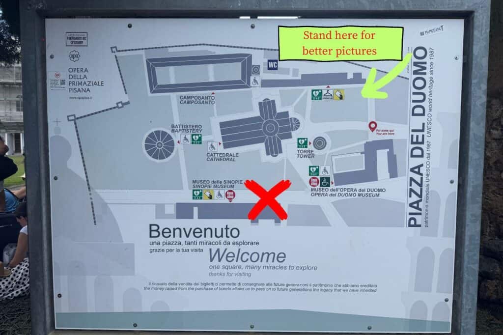 Detailed map showing the Leaning Tower, Cathedral, Baptistery, and Camposanto Monumentale in Pisa’s Piazza dei Miracoli