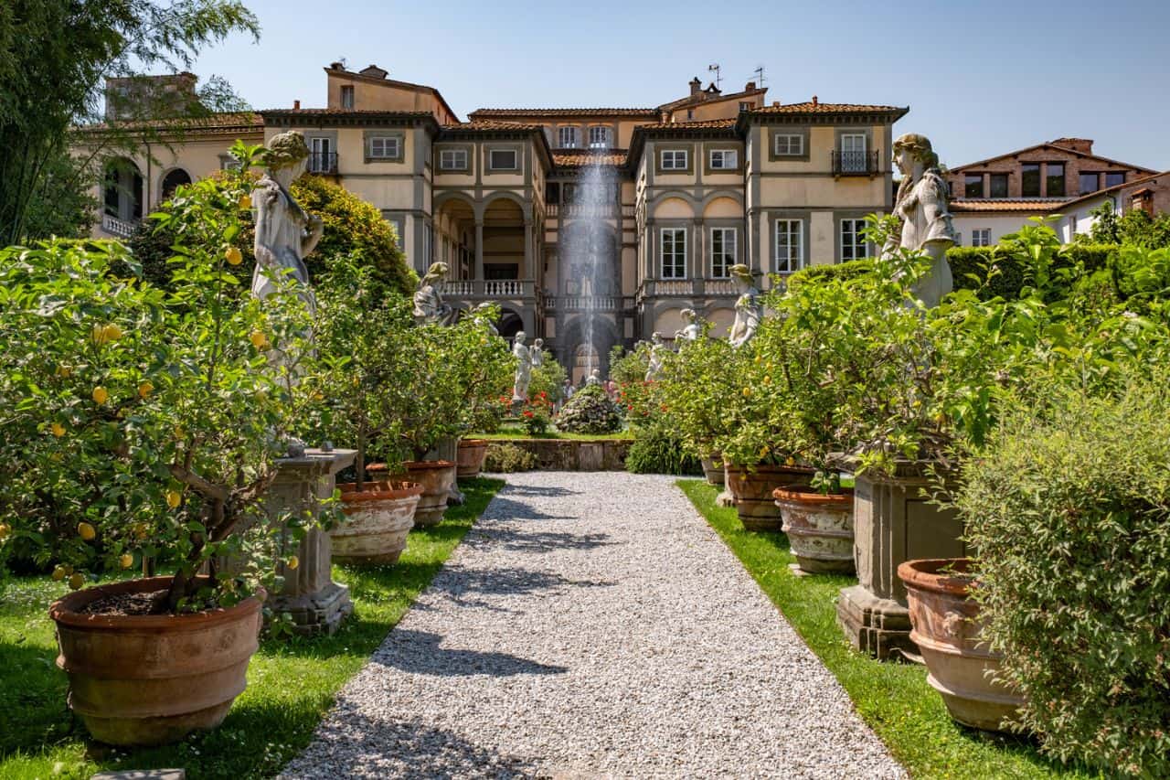 Interior Gardens and White Stone Sculptures at Palazzo Pfanner, Lucca Lush green gardens and white stone sculptures inside Palazzo Pfanner in Lucca Italy