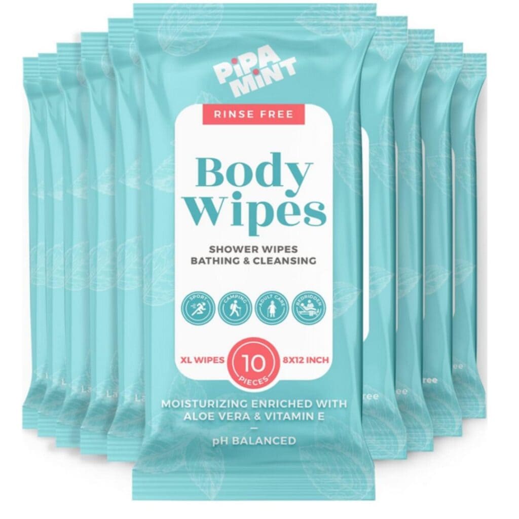 Pipamint Body Wipes packaging showing rinse-free XL shower wipes enriched with aloe vera and vitamin E